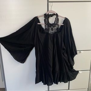 Oversized Crochet Off Shoulder Babydoll Mini Dress / Tunic L XL Free People Boho